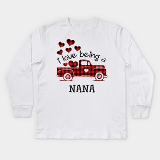 I Love Being Nana Red Plaid Buffalo Truck Hearts Valentine's Day Shirt Kids Long Sleeve T-Shirt